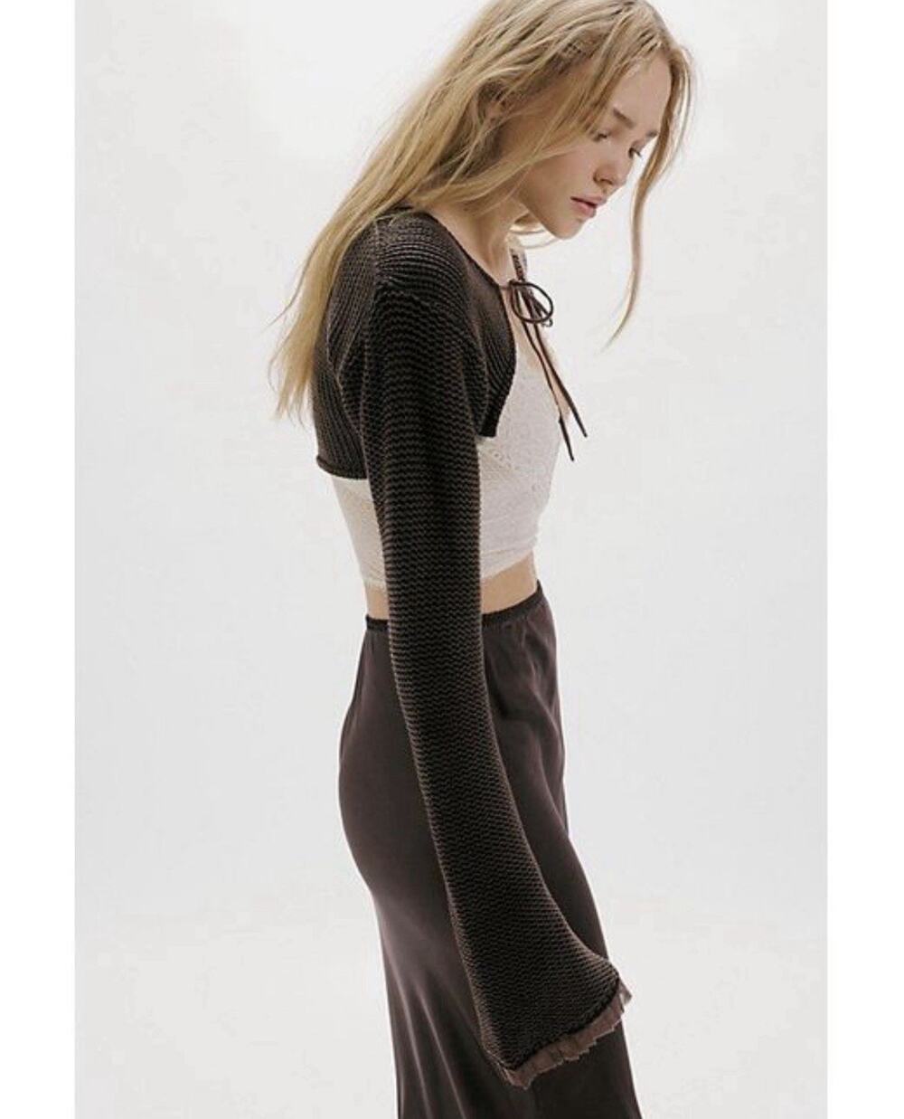 Free People Dafne Knit Cropped Bolero Sweater Brown NEW NWT One Size Boho Hippie